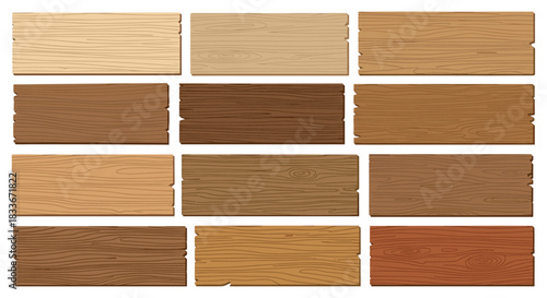 Large collection of wooden planks and signboards with various wood textures, grains, and colors for design and background elements.