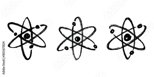 Set of hand drawn atom sign Molecule clipart in doodle style Symbol of science, education, nuclear energy, scientific research, molecular chemistry Single element for print, web, design