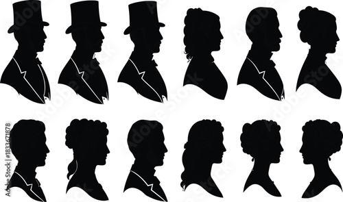 Black silhouettes of men in top hats and women with elaborate hairstyles facing each other