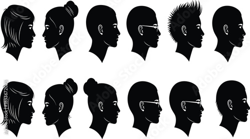 Collection of black and white head silhouettes showing diverse hairstyles and facial features