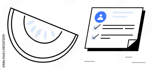 Watermelon slice paired with a document checklist emphasizes balance between wellness and productivity. Ideal for health, tasks, goals, planning, organization, multitasking, personal growth. Simple