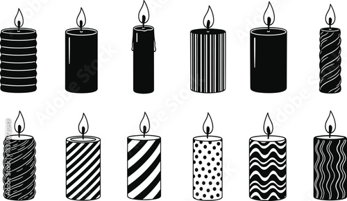 Collection of black and white silhouette candles with various patterns and flames