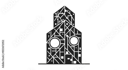 intricate geometric house design with a complex pattern a striking black and white silhouette