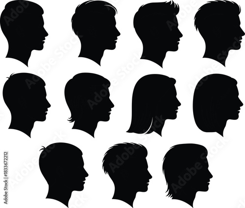 Collection of black male and female head silhouettes facing right on white background