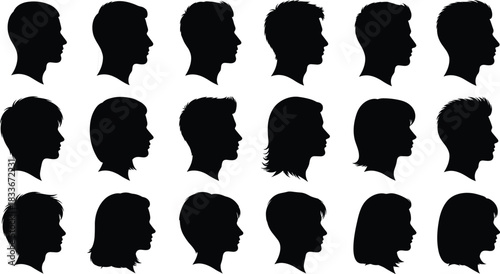 Collection of Black Male and Female Head Silhouettes Facing Right profile