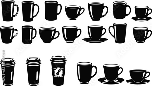 Collection of black silhouette coffee cups mugs and to go containers tea cup espresso cup