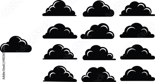 Collection of black stylized cloud icons with white crescent highlights vector