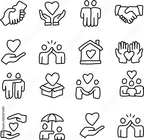 Minimalist charity and community support icons featuring hands, hearts, teamwork, and care symbols. Perfect for social projects, nonprofits, and humanitarian designs.

