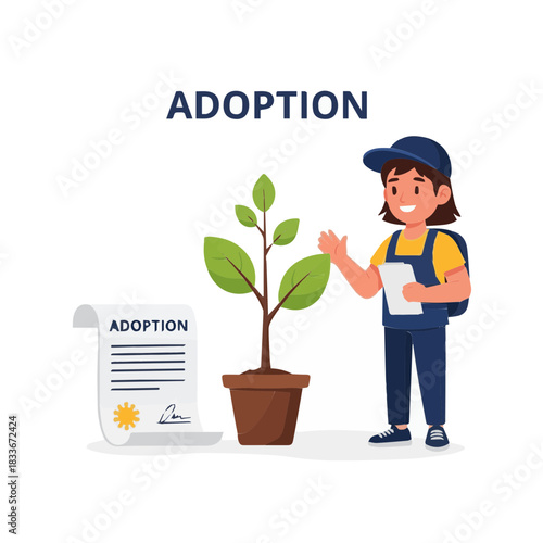 A young volunteer with a clipboard stands by a potted sapling and an official plant adoption certificate, symbolizing environmental care and conservation
