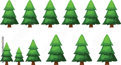 Collection of cartoon green pine trees of varying sizes on white background evergreen