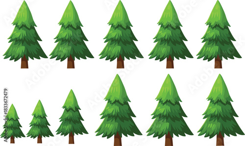 Collection of cartoon style green pine trees of varying sizes on white background