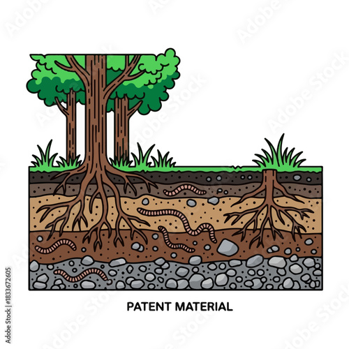 Cross-section illustration of soil layers, showing tree roots and earthworms in the soil, with patent material at the bottom