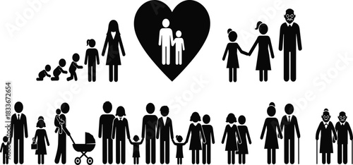 Diverse family groups and life stages represented by black stick figures on white background