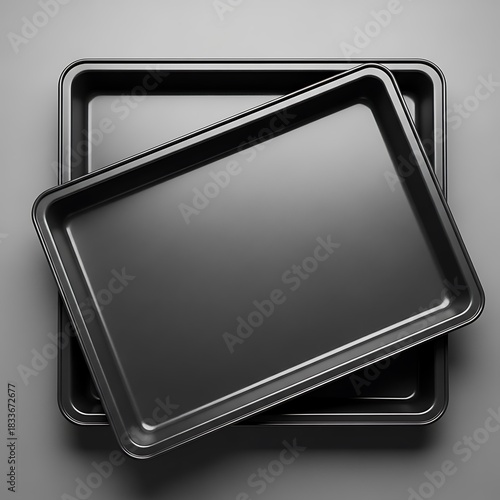 Two black metal baking sheets stacked on a gray surface