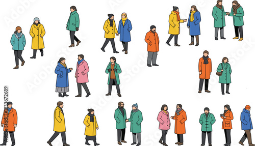 Diverse group of people in winter coats and scarves on white background jacket