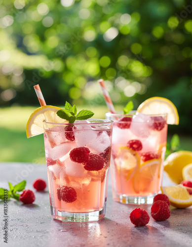 Two refreshing glasses of raspberry lemonade with ice, mint, and lemon slices, served outdoors on a sunny day. A perfect summer drink
