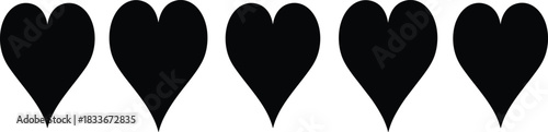 Five black heart shapes arranged in a row on a white background hearts