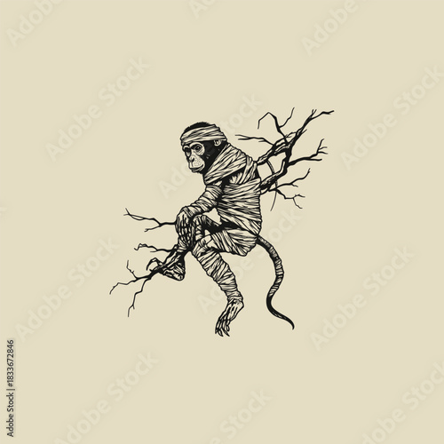 illustration of a mischievous baby monkey wrapped in bandages like a mummy, hanging from a bare tree branch