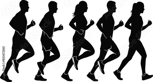 Five black silhouette figures of men and women running in profile runner athlete