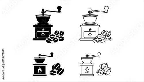 Black and white icons of vintage coffee grinders with coffee beans vector