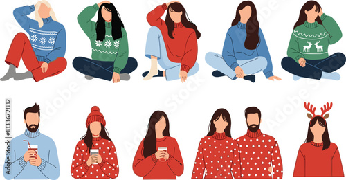 Flat illustration of diverse people wearing cozy winter sweaters and holding drinks