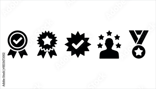 Collection of black award and achievement icons with checkmarks and stars badge medal