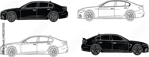 Four sedan car outlines black and white side view vector