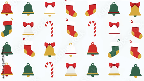 Festive Christmas pattern featuring bells, stockings, candy canes, and bows in red, green, and gold against a white background.