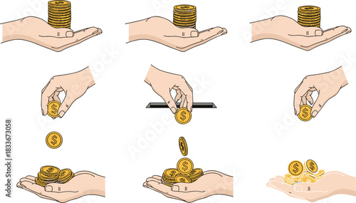 Hands holding and depositing gold dollar coins in a sequence of actions vector