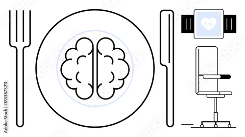 Brain health, lifestyle management, wellness, nutrition, fitness, mental focus. Plate with a brain between fork and knife, smartwatch office chair. Brain health and lifestyle management concept