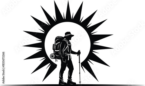 Silhouette of a hiker with a backpack and trekking pole against a sunburst graphic