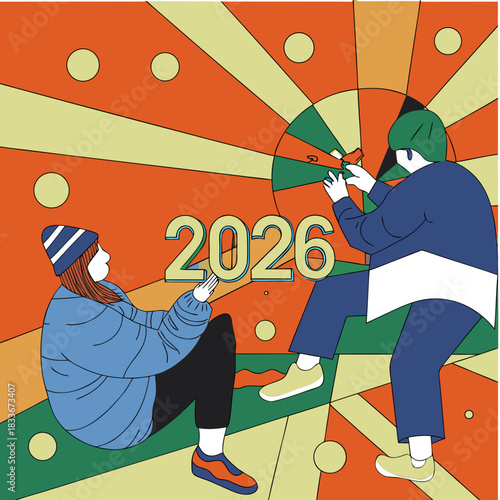 Two people collaborate to build the year 2026 with a vibrant retro sunburst background and abstract shapes