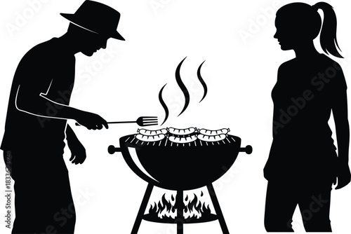 Silhouette of man with hat grilling sausages for woman on white background barbecue