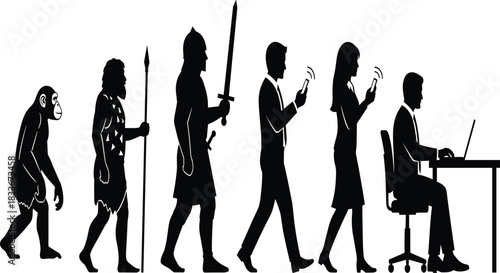 Silhouette progression from ape to modern man using technology evolution human