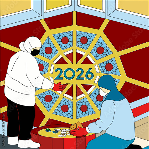 Two people in protective suits working on a colorful mosaic with the year 2026 prominently displayed in the center