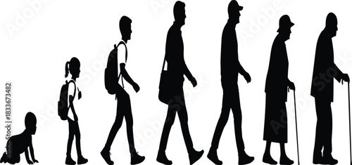 Silhouettes of human life stages from crawling baby to elderly person with cane vector