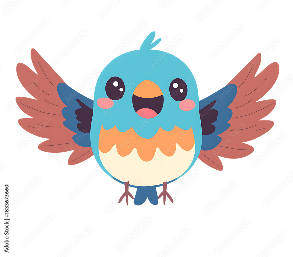 Fototapeta premium Cute cartoon blue bird with open wings and happy expression isolated on transparent background