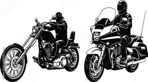 Black and white vector illustration of two motorcycles with riders motorbike biker