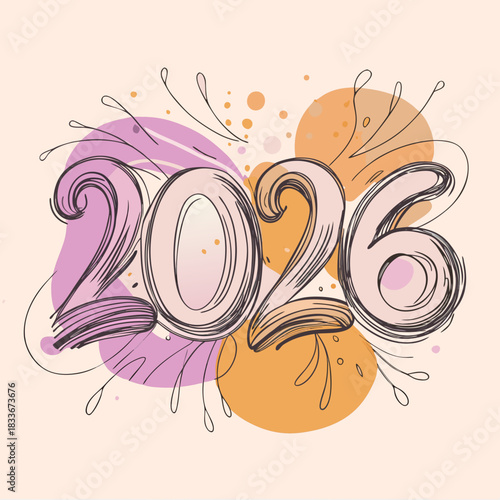 Artistic hand drawn illustration of the year 2026 with abstract colorful shapes and decorative elements in a playful style