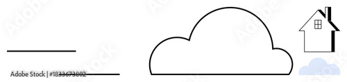 Technology, cloud storage, networking, weather forecast, home security, minimalism. A large cloud with simple lines and a small house symbol. Cloud storage and networking concepts