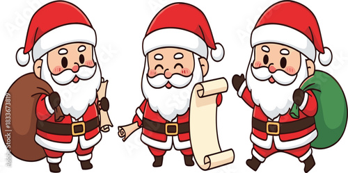 Three cute cartoon Santas in red suits with white trim holding gift bags and scrolls