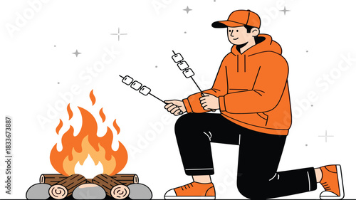 Young man in orange hoodie and cap roasting marshmallows over a campfire skewers