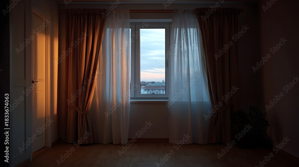 Obraz premium Dimly lit room interior with curtains drawn showcasing a twilight sky view and warm light from the side