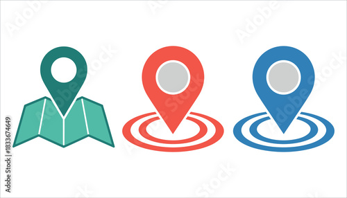 Three flat design map pin icons with concentric circles and a folded map location marker navigation