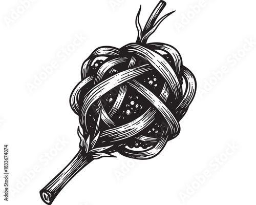 Intricate hand-drawn hop cone illustration perfect for craft brewery branding and packaging designs, adding a touch of vintage charm and rustic elegance to your project