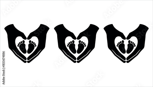 Three black heart shapes formed by hands cradling baby footprints on a white background baby feet love