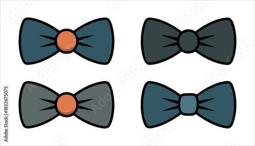 Four bow ties in blue grey and charcoal colors with orange centers necktie formal wear