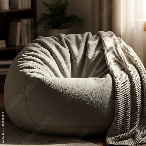 Cozy plush bean bag chair with a knitted throw blanket draped over it