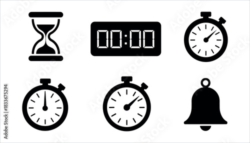 Collection of black timekeeping icons hourglass stopwatch digital clock and bell
