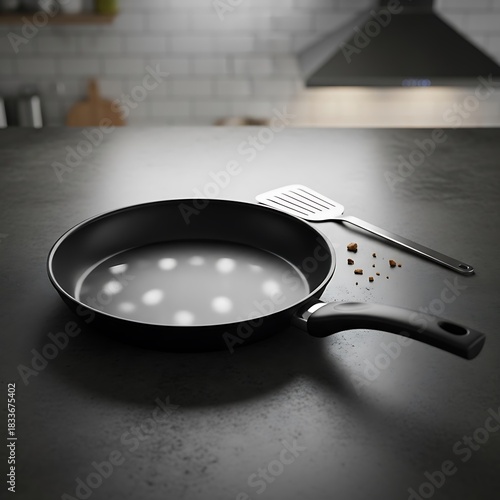 Cast iron frying pan with spatula on a dark kitchen counter